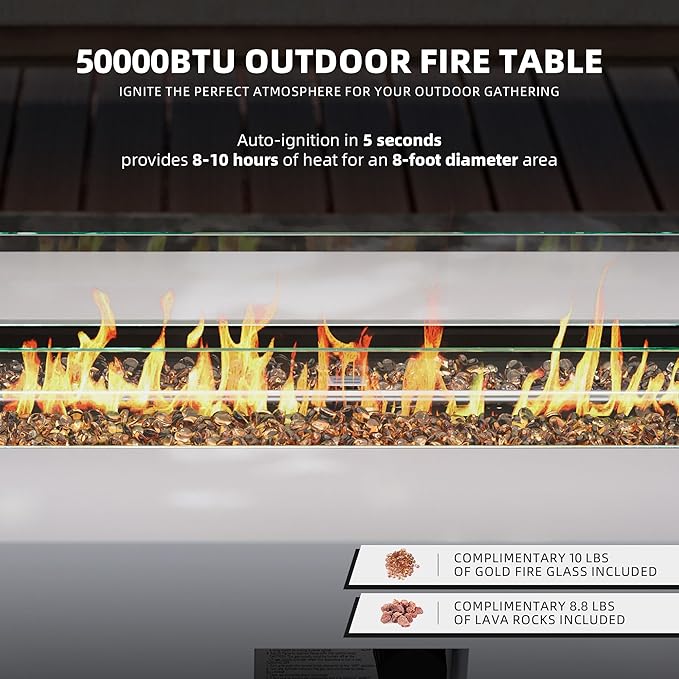 UPHA 42-inch Outdoor Propane Gas Fire Pit Table 50000 BTU Iron Rectangle Firepit for Outside Patio with Tank Hidden Table, Wind Guard, Removable Lid, Gold Glass Rocks, Rain Cover, White
