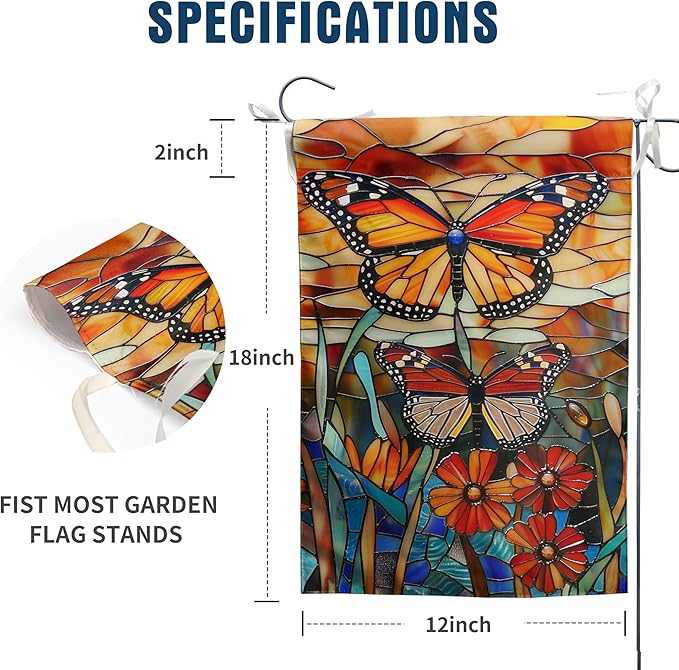 Monarch Butterfly Garden Flags for Outside Fall Flag Stained Glass Floral Yard Flag Spring Summer Decorative Flags 12x18 Double Sided Small Seasonal Lawn Flags Rustic Outdoor Decor