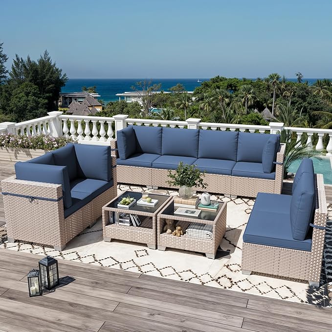 10 Pieces Patio Furniture Set, Outdoor Sectional Wicker Sofa with Thick Cushions and Storage Coffee Table, Rattan Patio Conversation Sets for Deck Yard Poolside, Navy