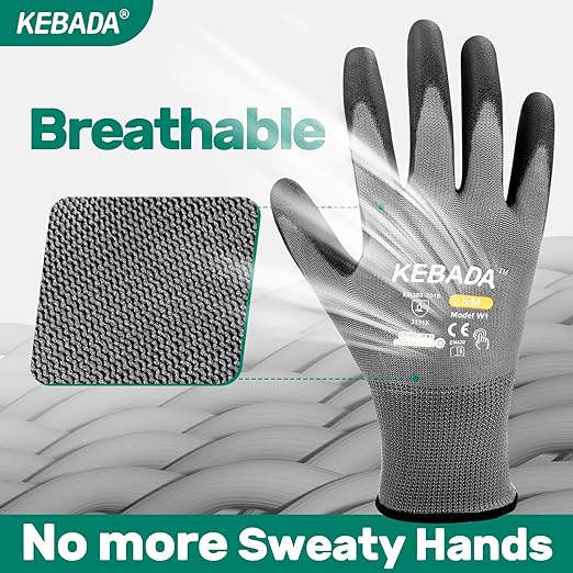 Kebada W1 Work Gloves for Men and Women, PU Coated Safety Gloves with Grip, Touchscreen, Ideal for Warehouse Package Handling, Construction, Gardening, 12 Pairs Gray Medium