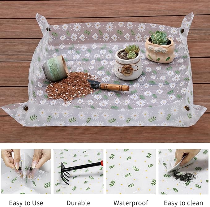 Azureblue Repotting Mat for Indoor Plants Waterproof Clear Potting Mat Foldable Plant Potting Repotting Tray Portable Gardening Tray for Indoor Potting Soil, Gifts for Plant Lovers 23.6"(Leaves)