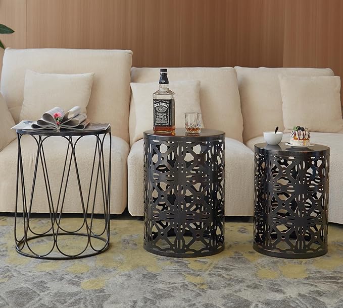 HFHOME Set of 3 Metal Outdoor Side Table, Nesting Round Coffee Table for Indoor Outdoor, Heavy Duty End Tables Plant Stand Living Room Garden Stool - Bronze