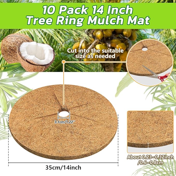 Legigo 10pcs Coconut Fiber Mulch Ring Tree Plant Protector Mat, 14 Inch Natural Coco Coir Tree Protection Ring Plant Pot Soil Cover, Tree Rings Disc Plant Cover for Indoor Outdoor Plants,Landscaping