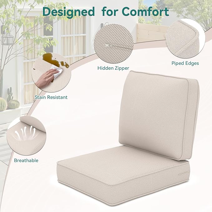 Outdoor Chair Cushions 23" x 24" x 4", Patio Deep Seat Replacement Cushions Set with Zippered Removable Cover, Weather-Resistant Olefin Fabric for Garden Chair Sofa Couch, Set of 3, Beige