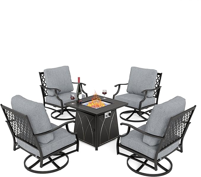 5 Piece Metal Outdoor Patio Furniture Set with Fire Pit Table, Patio Conversation Sets 4 Swivel Chairs with 5.75" Thick Cushion and 5000 BTU Fire Pit Table, Backyard Furniture, Gray