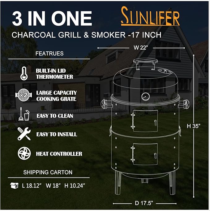 Charcoal BBQ Grill, Heavy Duty 3-in-1 Barbecue Smoker Grill for Garden Camping Outdoor Cooking and Grilling