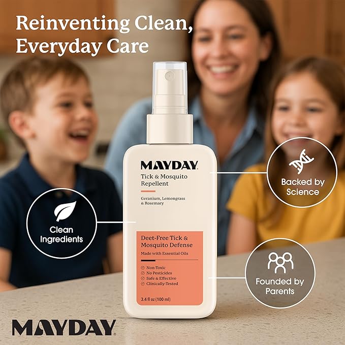 Mayday Tick & Mosquito Repellent – Deet-Free with Essential Oils – Geranium, Lemongrass & Rosemary – 3.4 oz (100 ml) – Non-Toxic, No Pesticides, Safe & Effective – Mosquito and Tick Repellent