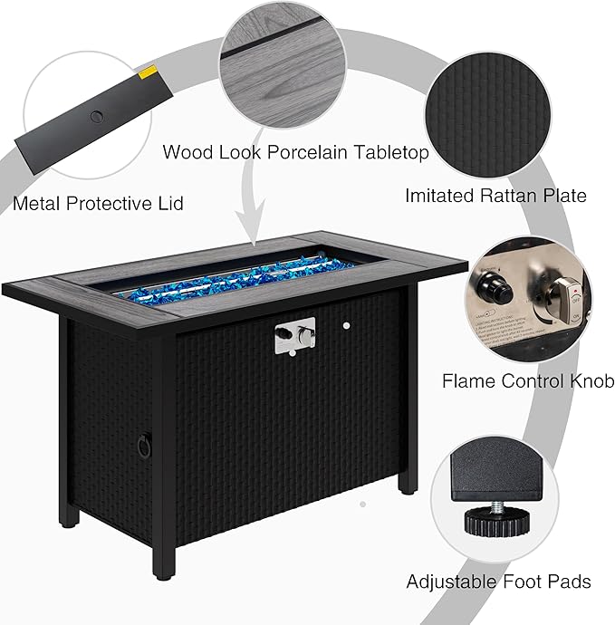 Meilocar 45in Fire Table, Propane Fire Pit with Glass Wind Guard and Rain Cover, Outdoor Firepit Table 50000 BTU 3-in-1 Fire Table for Patio/Yard/Balcony, Gray Tabletop