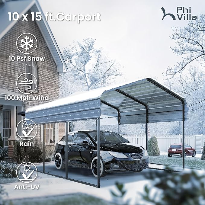 PHI VILLA 10 x 15 Heavy Duty Metal Carport with Galvanized Steel Roof with Sidewalls Enclosure Kit, Sturdy Metal Carport for Cars, Boats, and Tractors