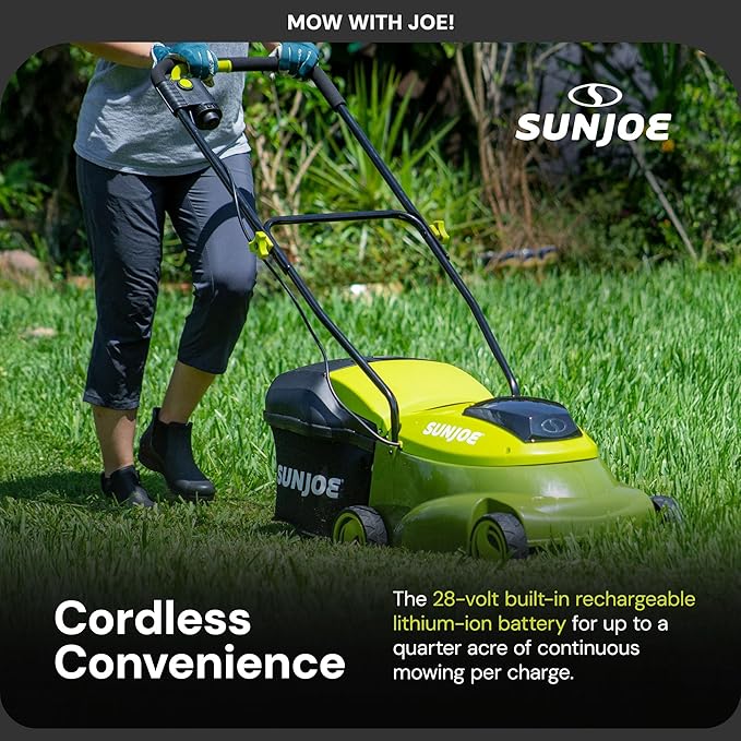Sun Joe Cordless Lawn Mower, 14" Electric Walk Behind Grass Cutter with 3 Position Height Adjustment and Detachable Catcher, Green, MJ401C-PRO