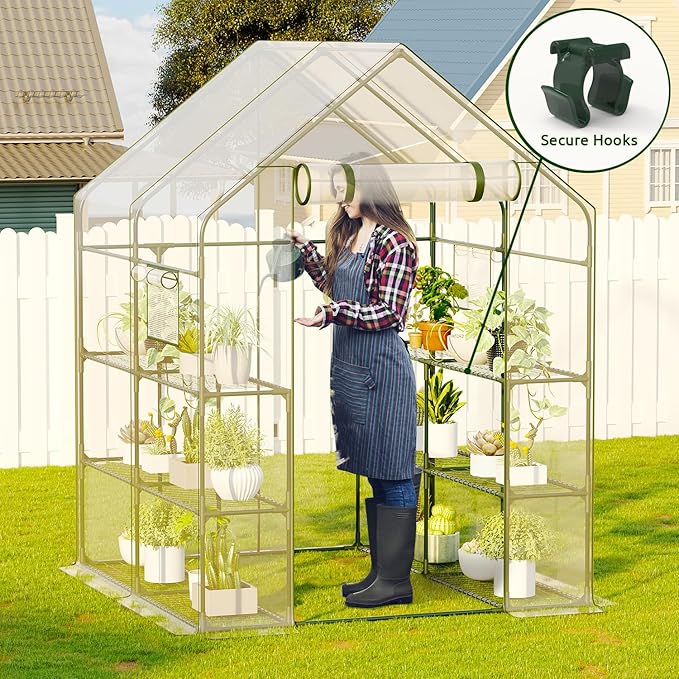 Walk in Greenhouse, 56x56x77 Inch Waterproof Green Houses for Outside, Portable for Outdoors with Roll-Up Zipper, Secure Hooks, Small Indoors Warm, 12 Shelves Walk-in (6.4x4.7x4.7FT)