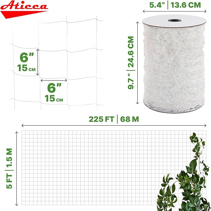 Trellis Netting 5 x 225 ft Heavy Duty Polyester Plant Support Netting White - 6 Inch Garden Rope Trellis on Roll - Mesh Twine for Growing Vine Climbing Plants, Flowers, Peas, and Tomatoes.