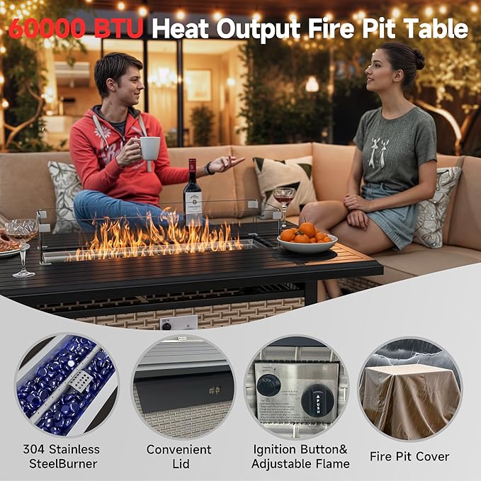 8 Pieces Patio Furniture Set with Fire Pit Table, Outdoor Sectional Wicker Sofa with Thick Cushions and Storage Coffee Table, Rattan Patio Conversation Sets, Navy