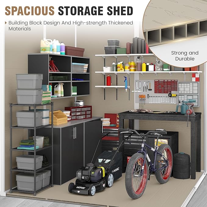 Outdoor Storage Shed, 6x6 FT Resin Shed with Floor and Lockable Door, Window, Vents, Tool Sheds and Outdoor Storage for Bike, Garden Accessories, Tools, Waterproof Light Brown