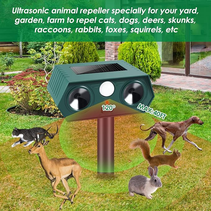 2025 Racoon Squirrel Sonic Fortress Pro Rabbit Repellent Outdoor, Solar Ultrasonic Animal Repeller Deer Deterrent with Motion Sensor to Scare Cat Dog Skunk Out of Garden Farm Yard(4Pack)