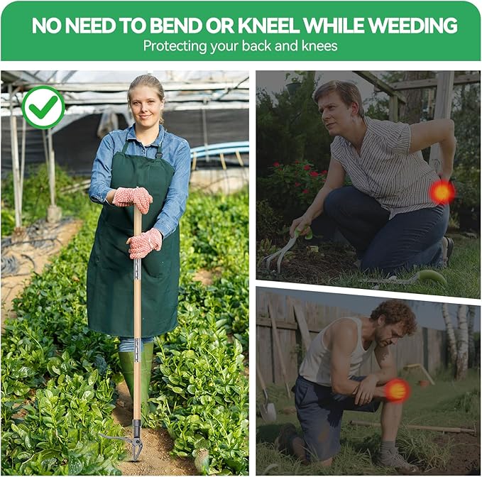 Weed Puller Stand-Up Weed Puller Tool with Long Handle & 4-Claw Steel Head Manual Weed Remover Tool for Lawn and Garden (Bamboo)