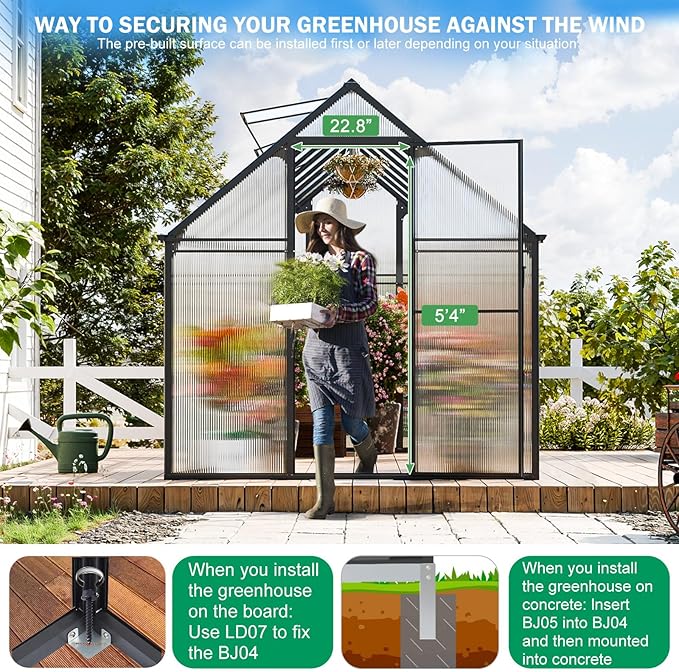 Greenhouse, 6x16 FT Easy Assembly Hybrid Polycarbonate Greenhouses for Outdoors w/3 Vent Windows & Swing Door Walk-in Green Houses Aluminum GreenHouses for Garden, Black