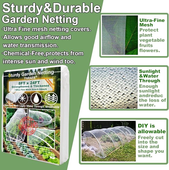 Garden Pest Barrier Netting, Insect Barrier Net 8x24Ft Ultra Fine Protect Netting Thickened Mesh Net Plant Covers for Vegetable Plants Fruits Greenhouse Row Cover Raised Bed Barrier Screen Bugs Out
