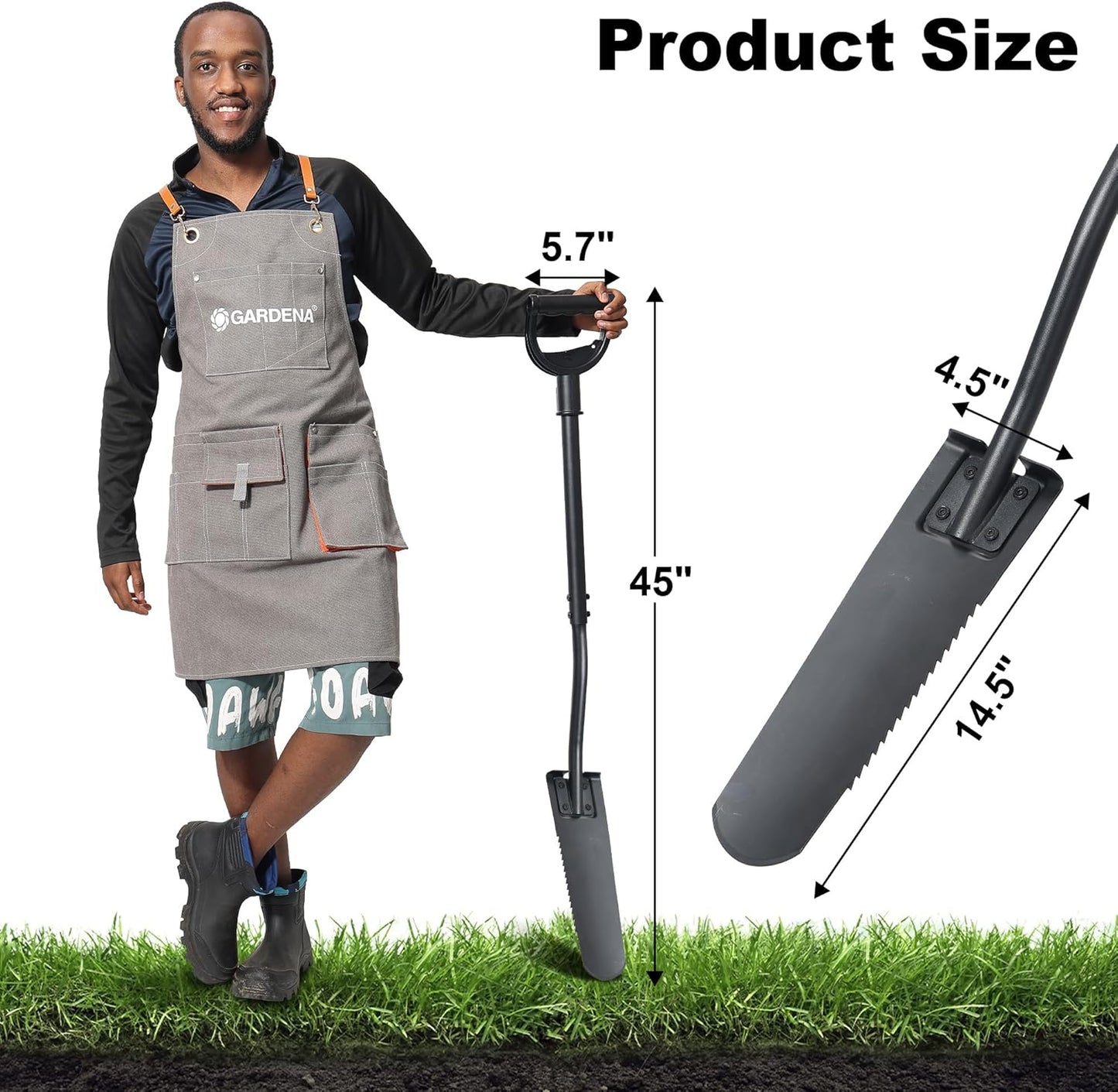 Spade Shovel, 45" Trench Shovel with 14.5" Long Narrow Spade for Digging, Trenching, Planting, Gardening, Heavy Duty with Serrations