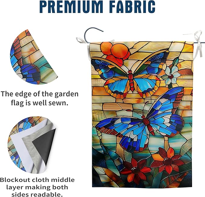 Stained Glass Butterfly Garden Flag Spring Summer Yard Flag Fall Floral Decorative Flags for Outside 12x18 Double Sided Small Seasonal Lawn Flags Rustic Outdoor Decor