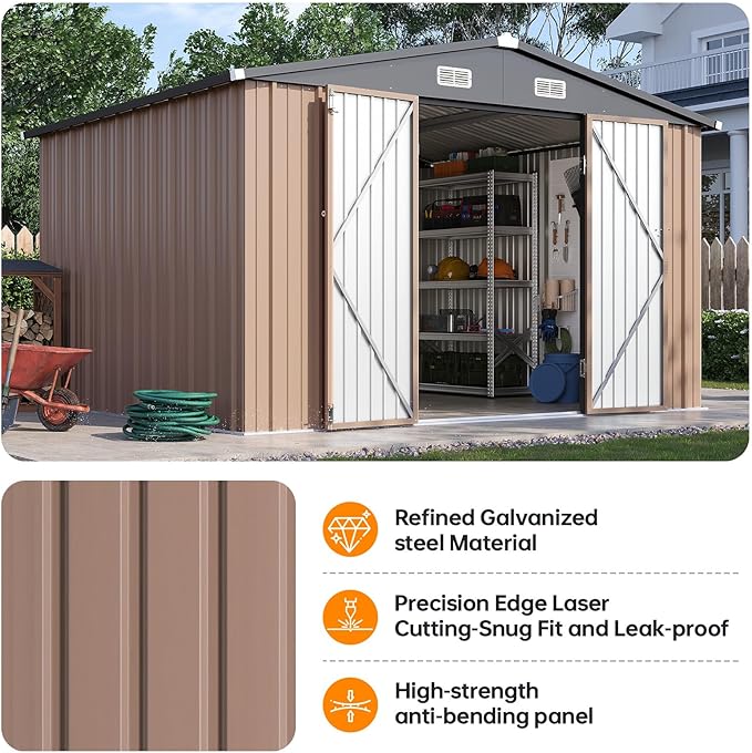 10x8FT Outdoor Storage Shed, Metal Garden Shed with Lockable Double Doors & Sloping Roof, Weather-Resistant Tool Shed for Backyard, Patio, Poolside Brown
