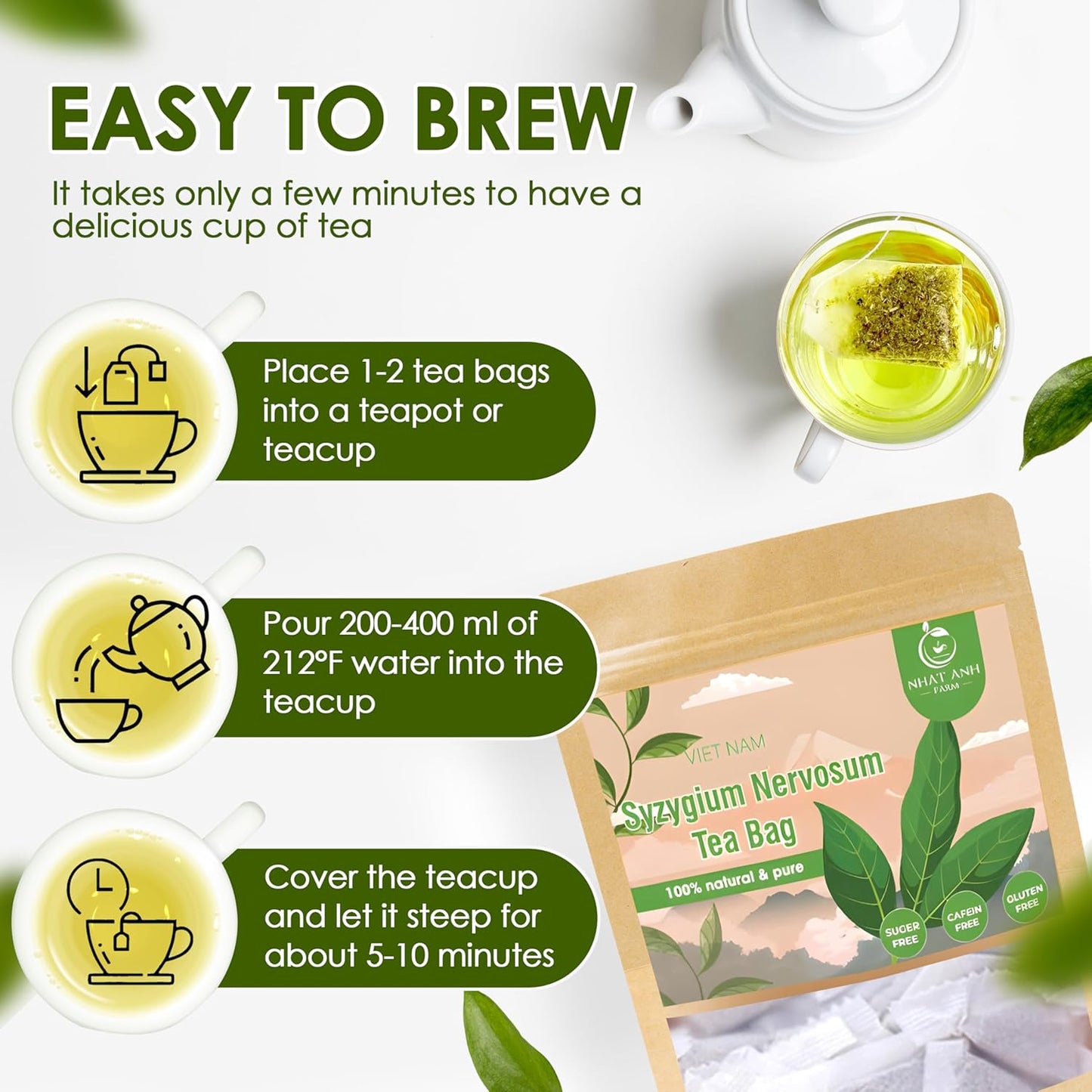 NHAT ANH FARM - Premium Syzygium Nervosum Tea Bags, 40 Syzygium Nervosum Tea Bags, 100% Natural Dried Syzygium Nervosum Leaves, Naturally Sweet Herbal Tea, Sugar-Free, Caffeine-Free, No Additives.