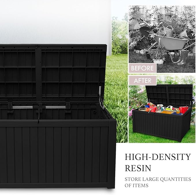 AJP Distributors 180 Gallon Outdoor Storage Box, Rain Waterproof Resin Deck Box, Lockable Large Storage Container for Patio Furniture, Cushions, Garden Tools, Sports Equipment and Pool Supplies Black