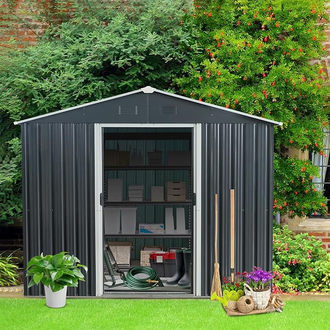 8x10 FT Outdoor Storage Shed, Metal Garden Shed with Frame Floor, Outside Tool Shed with Lockable Sliding Doors, Waterproof Storage Building with Sloped Roof for Backyard, Patio, Lawn, Black
