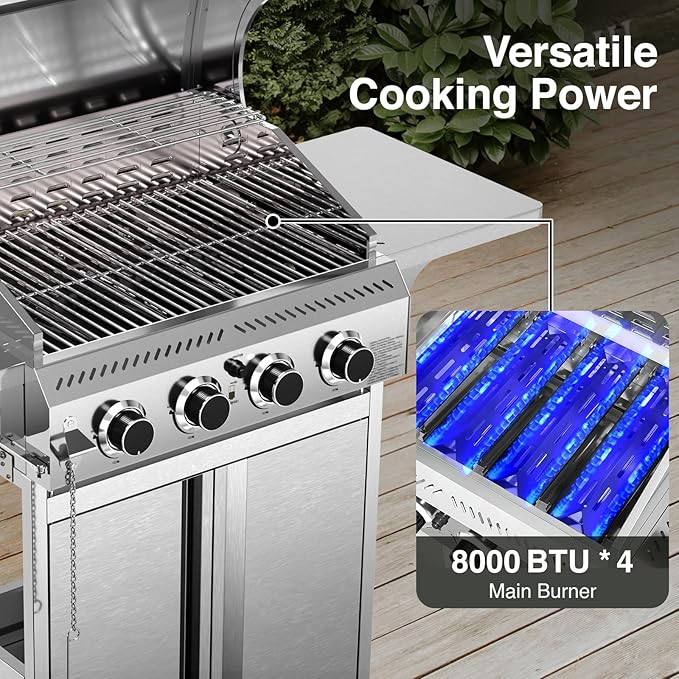 4-Burner Propane Gas Grill with 304 Stainless Steel Cooking Grid, Hanging Hooks/Heat-Resistant Handle, 32000BTU Stainless Steel BBQ Grill with Portable Wheels for Camping/Patio/Backyard