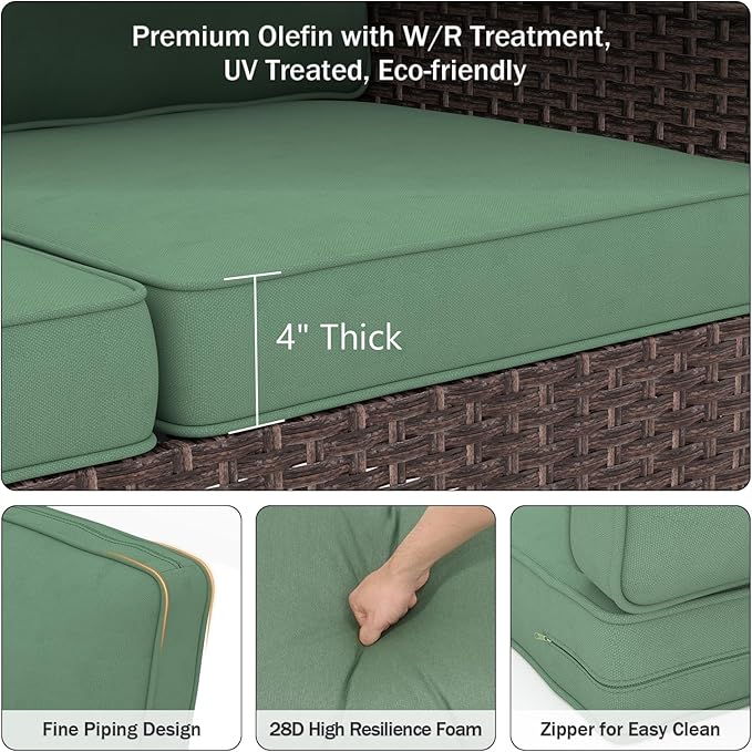 Outdoor Chair Cushions 23" x 24" x 4", Patio Deep Seat Replacement Cushions Set with Zippered Removable Cover, Weather-Resistant Olefin Fabric for Garden Chair Sofa Couch, Green