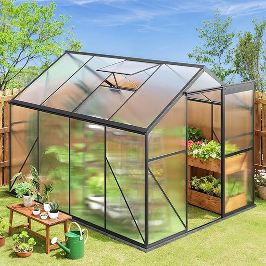 Gizoon 8x6 FT Outdoor Greenhouse, Quick Setup Polycarbonate Greenhouse with Adjustable Roof Vent and Sliding Door, Aluminum Walk-in Greenhouses for Outside Backyard Gardening (Black, 8x6FT)