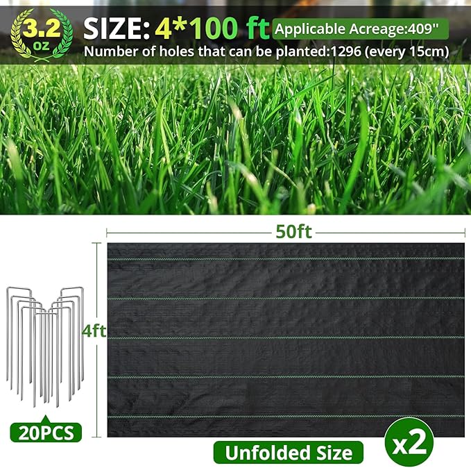 4FT x 100FT Weed Barrier Landscape Fabric, 3.2oz Premium Heavy Duty Lawn Garden Cloth, Woven Geotextile Ground Cover with 20 U-Shaped Pegs for Gardening, Farming, Driveway, Greenhouse(2 Pack 4x50ft)
