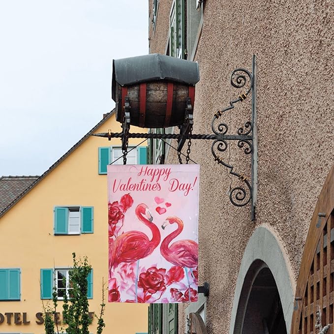 Happy Valentine'S Day Flamingo Rose Garden Flag Welcome Party Outdoor Outside Decorations Picks Home House Garden Yard Decor 12x18 Inch