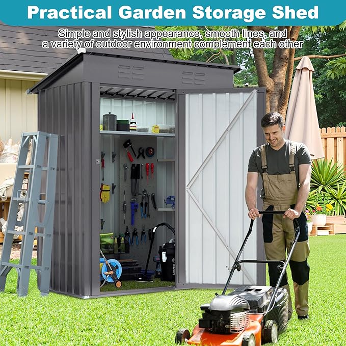 5X3 FT Outdoor Metal Storage Shed, Tool Shed with Pitched Roof and Lockable Door, Compact Garden Shed for Backyard Garden Patio Lawn, Gray