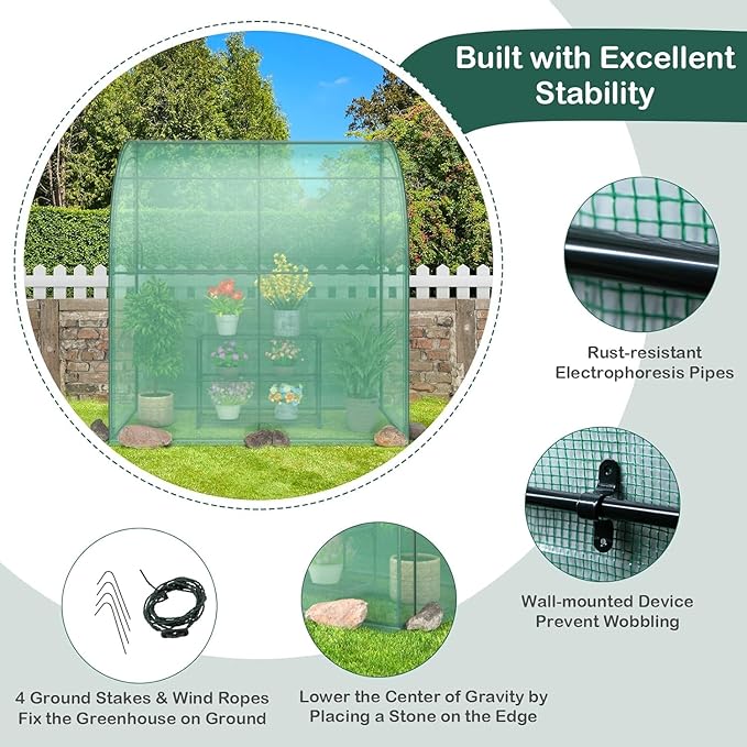 Happygrill Walk-in Greenhouse with 3-Tier Flower Rack, Weatherproof PE Cover & Roll-up Zipper Doors, Lean-to Greenhouse for Garden, Backyard, Balcony