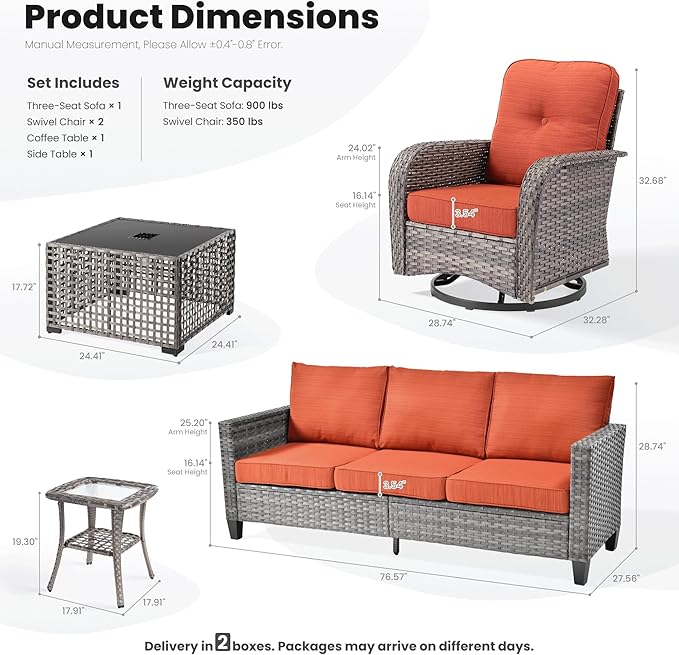 ovios 5 Pieces Patio Furniture Set, Outdoor Wicker Sofa Couch with Rocking Swivel Chairs Solar Lights Table, Modern Deep Seat Rattan Conversation Sets for Porch Deck, Orange Red