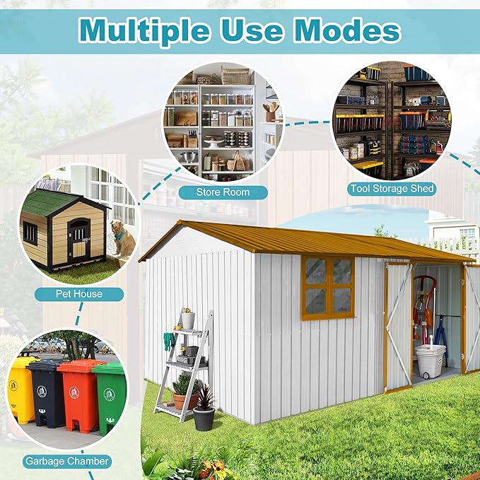 Sheds & Outdoor Storage 12 ft × 10 ft Storage Shed Large Classic Apex Roof Metal Garden Storage Sheds with Hinged Door, Window Tool Cabinet for Backyard, Patio, Poolside, White + Yellow