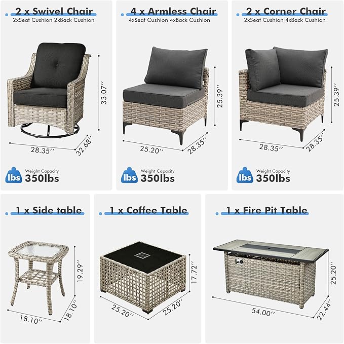 HOOOWOOO Outdoor Patio Furniture Set with Fire Pit Table,11 Pieces Wicker Out Door Sectional Furniture L Shaped Couch,Outside Patio Conversation Swivel Chair Sets,Black