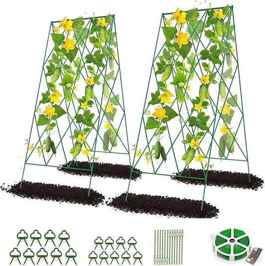 DoCred Cucumber Trellis, 2 Pack Metal Foldable A Frame Garden Trellis for Raised Bed Climbing Plants, Vegetables, Includes Plant Support Clips, Twist Ties, Plastic Ties, A Frame Trellis, Green