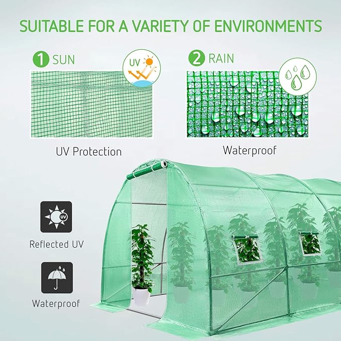 VIVOSUN 13x10x7 Ft. Large Walk in Greenhouse, Greenhouse Tunnel, Garden Plant Hot House with Green PE Cover, Roll-up Zipper Door and Window for Outdoor