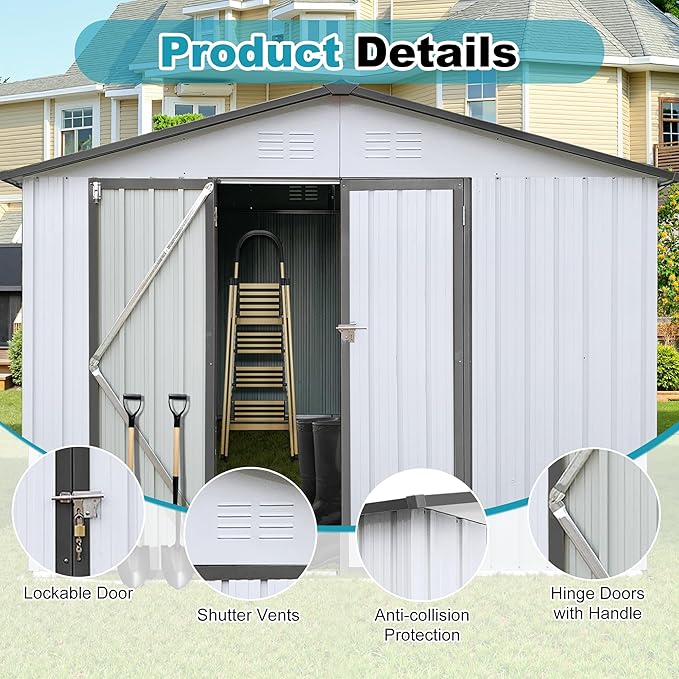 10x12 FT Outdoor Storage Shed, Metal Tool Shed with Lockable Doors & Peaked Roof, Garden Shed with Vented Design for Backyard Garden Patio Lawn, White+Gray