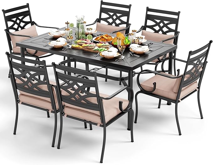 PHI VILLA 7 Pcs Patio Dining Set,Outdoor Table Chair Set for 6 with Outdoor Chairs and Metal Frame Steel Rectangular Table,Outdoor Dining Furniture with Cushion and Pillow for Garden Lawn Deck