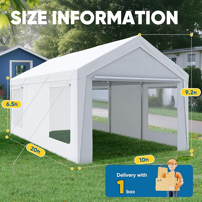 Quictent 10x20 ft Heavy Duty Carport Canopy Galvanized Car Tent Outdoor Garage Boat Shelter with Reinforced Structure with Roll-up Ventilated Windows Sidewall - White