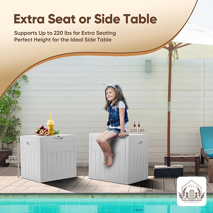 33 Gallon Deck Box, Small Outdoor Storage Box Waterproof, Lockable Secure Package Bin Delivery Box for Outside Front Porch, Patio Cushions Storage Box, Delivery Driver Snack Box for Porch, White