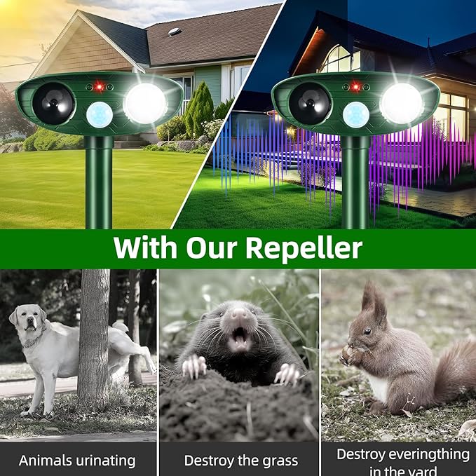 2 Pack Solar Animal Repellent Ultrasonic Outdoor Squirrel Fortress Pro, Deer Repellent Devices with Motion Sensor & Strobe Light,Waterproof Cat Dog Raccoon Rabbit Deterrent for Garden Yard