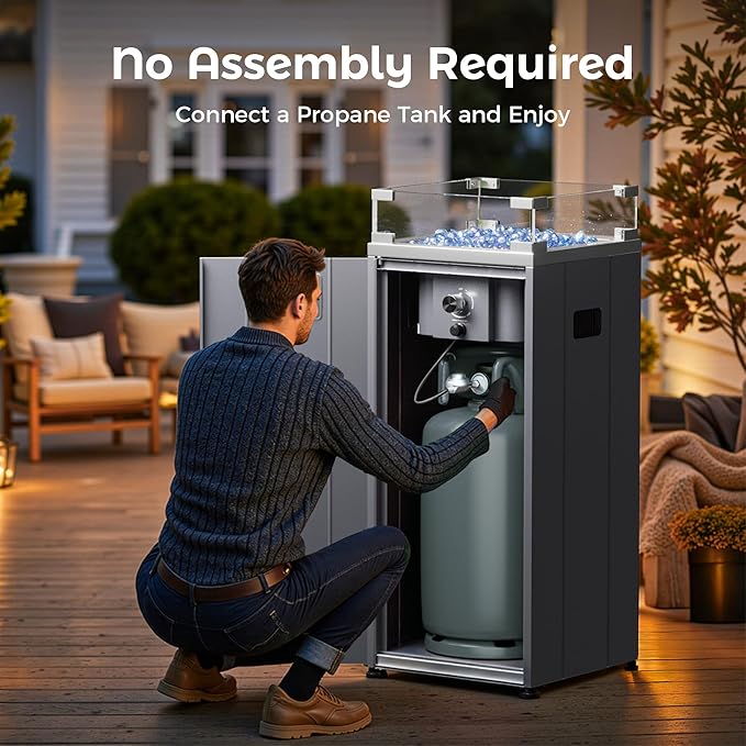 BALI OUTDOORS 15 inch Gas Fire Pit, Outside Propane Firebowl with Glass Wind Guard, Patio Square Fireplace with Fire Glass Stone for Backyard, Garden and Terrace