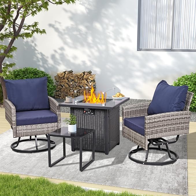 28'' Gas Fire Pit Table, Outdoor Square Fire Pit Table with Cover, Glass Wind Guard & Glass Rock, 60000 BTU Stainless Steel H-Burner Fire Pit Tables for Outside Patio Backyard Garden (Square)