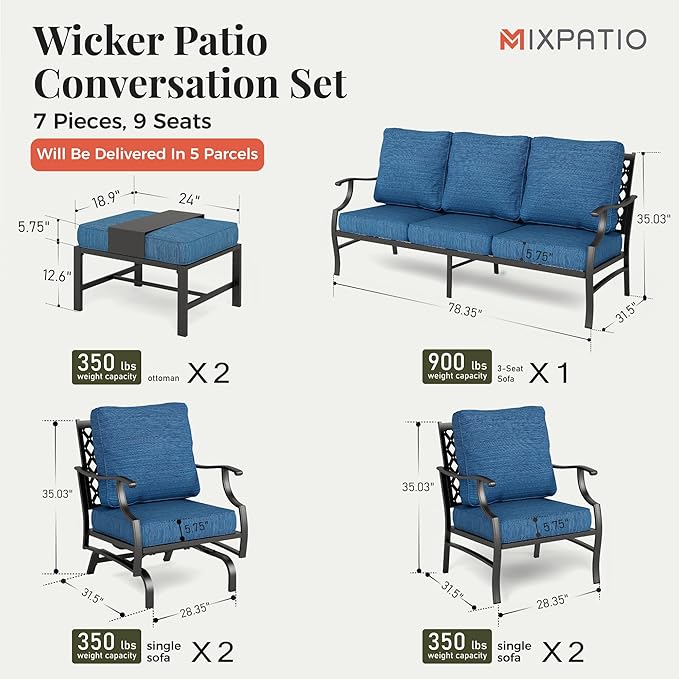 Patio Furniture Set 7 pcs, Outdoor Patio Furniture, 3-Seat Sofa, 2 Single Chairs, 2 Rocking Chairs, 2 Ottomans and 5.75" Extra Thick Cushion, Conversation Set for Deck,Gemstone Blue