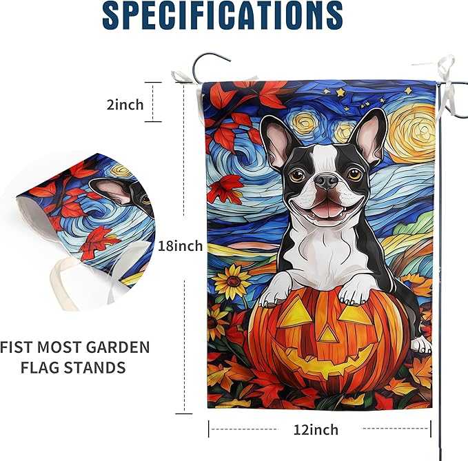 Stained Glass Boston Terrier Fall Garden Flag Halloween Pumpkin Yard Signs Autumn Sunflower Thanksgiving Banner for Outside 12x18 Double Sided Small Dog Outdoor Decorative