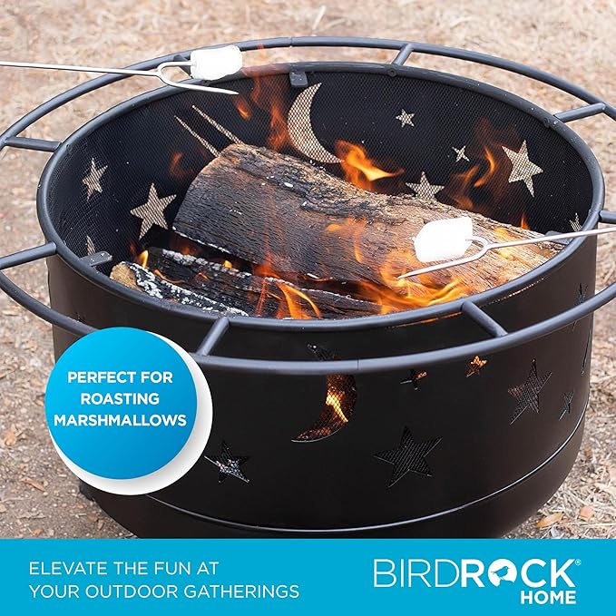 BIRDROCK HOME 30″ Round Wood-Burning Fire Pit – Portable Outdoor Patio & Garden Fire Bowl with Stars & Moon Cut-Outs, Spark Screen, Built-in Grate, 4 Roasting Sticks & Fire Poker - Black